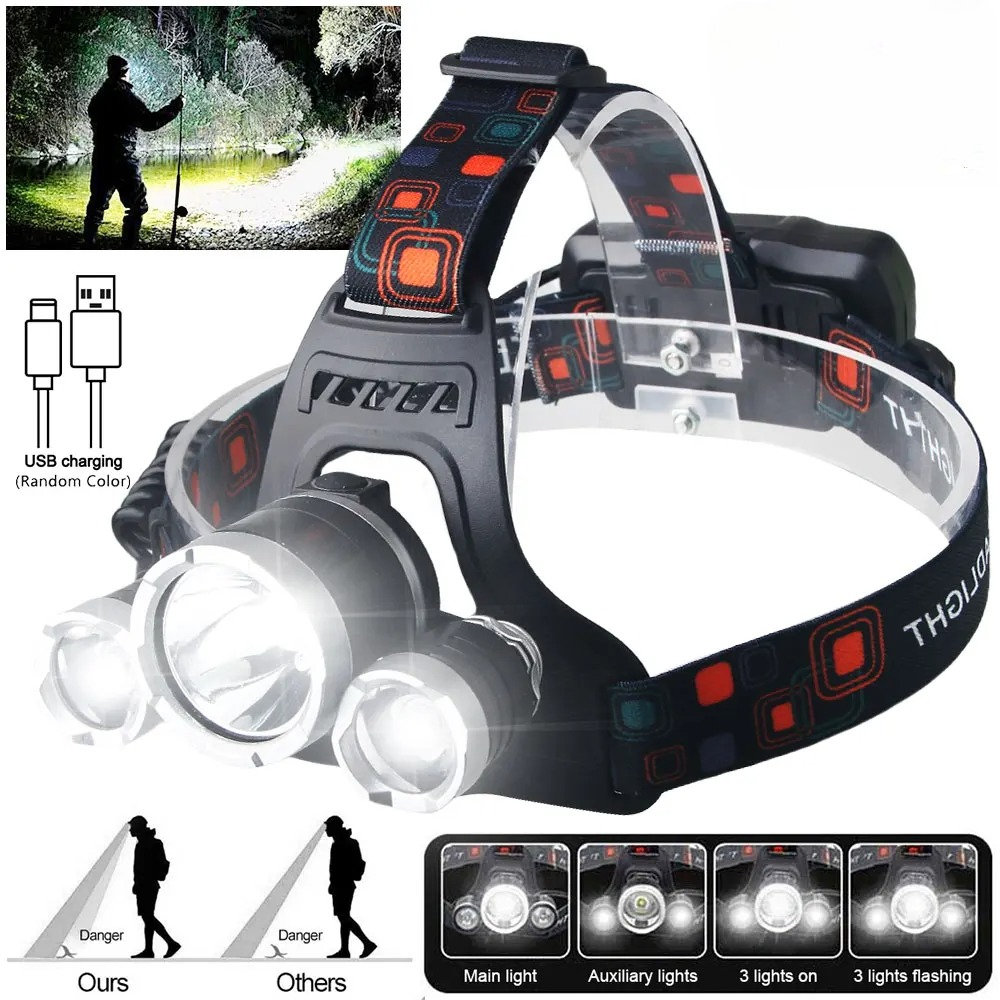 Fishing Headlamp - Latarka czołowa LED dużej mocy, ładowalna,